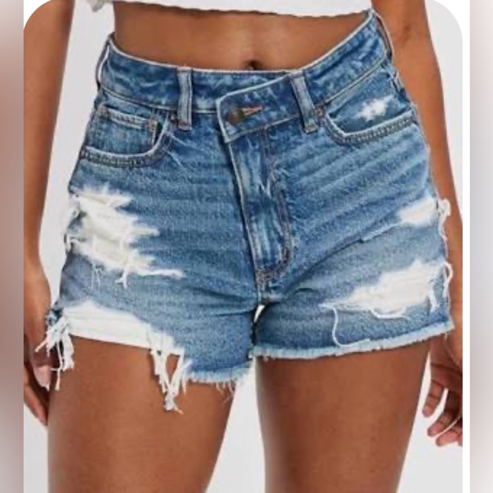 American Eagle Next Level High-Rise Distressed Denim Shorts - Blue